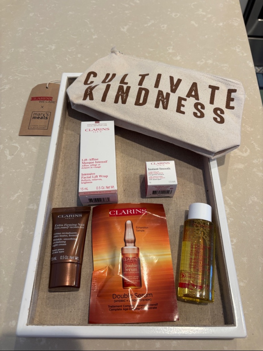 Clarins Skincare Set with Beige Canvas Pouch
